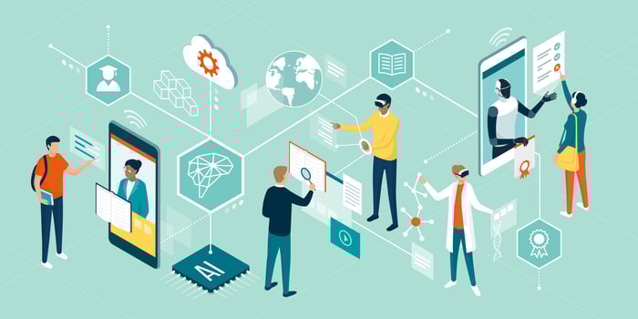 Illustration of students touching screens