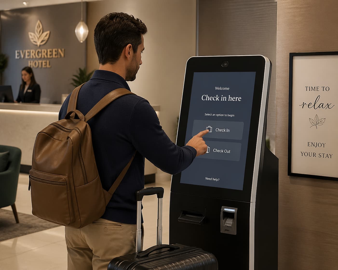 man checking into hotel with a self-check-in kiosk