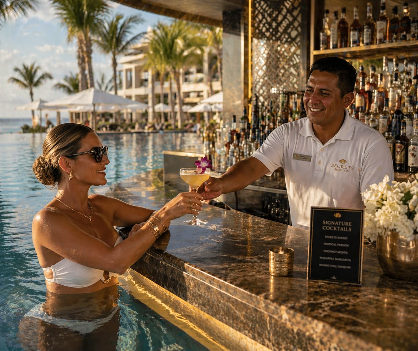 Bar tender serving a refreshing cocktail to a female patron at a swim-up pool bar