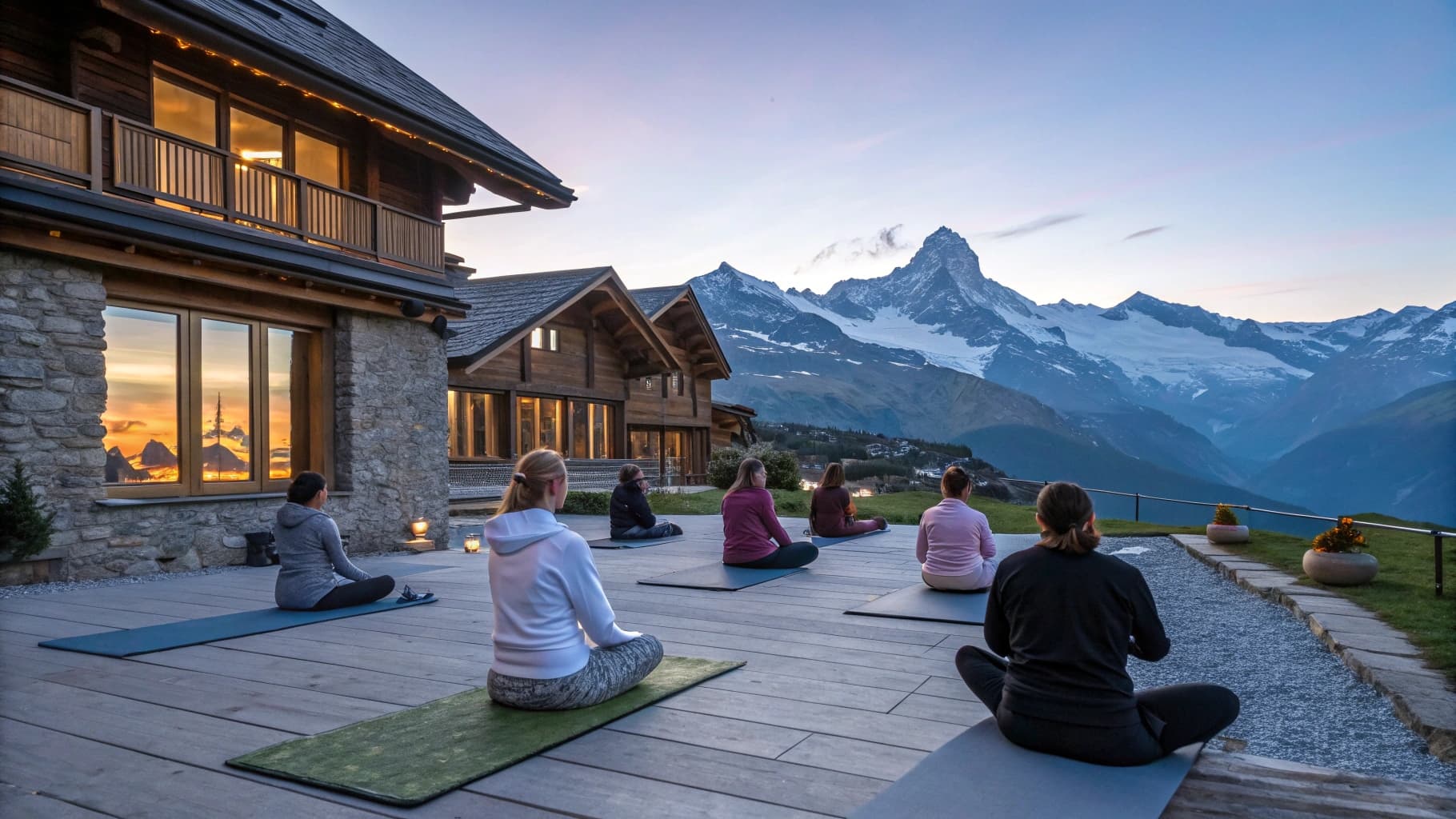 Mindfullness seminar taking place in front of snow-capped mountains as dawn
