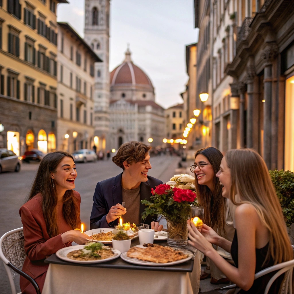 Students enjoying Italian food in Florence