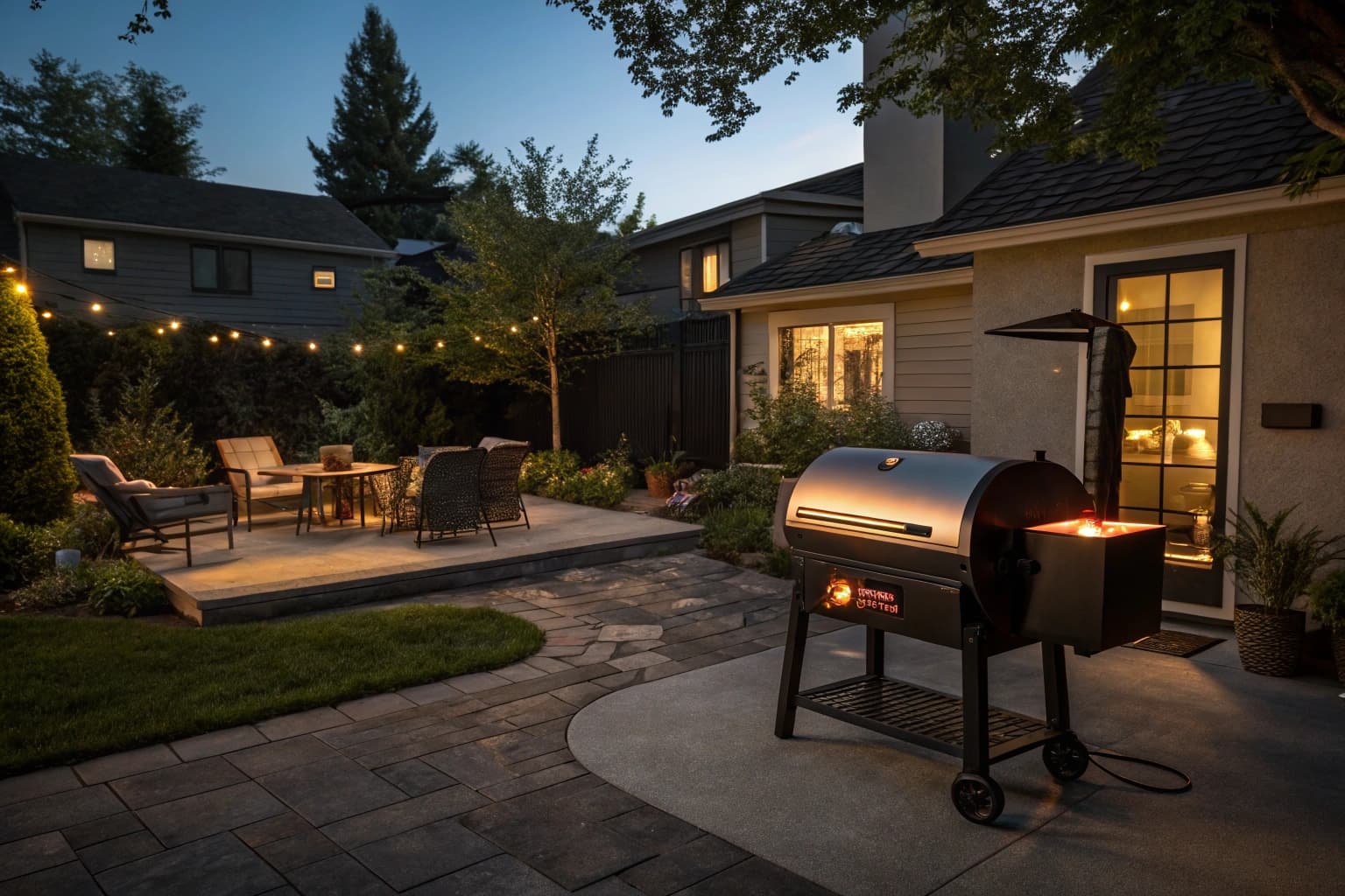 Backyard scene with pellet smoker at dusk