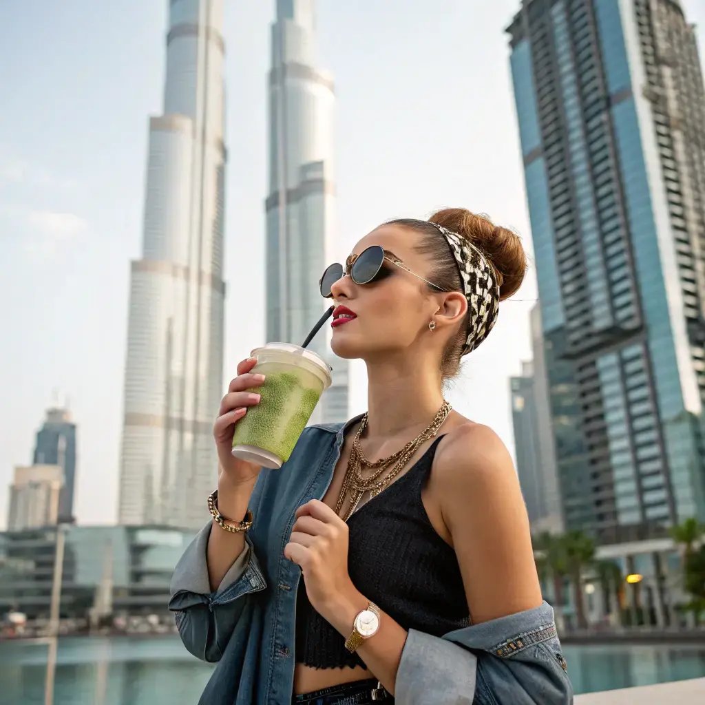 female student in dubai drinking matcha