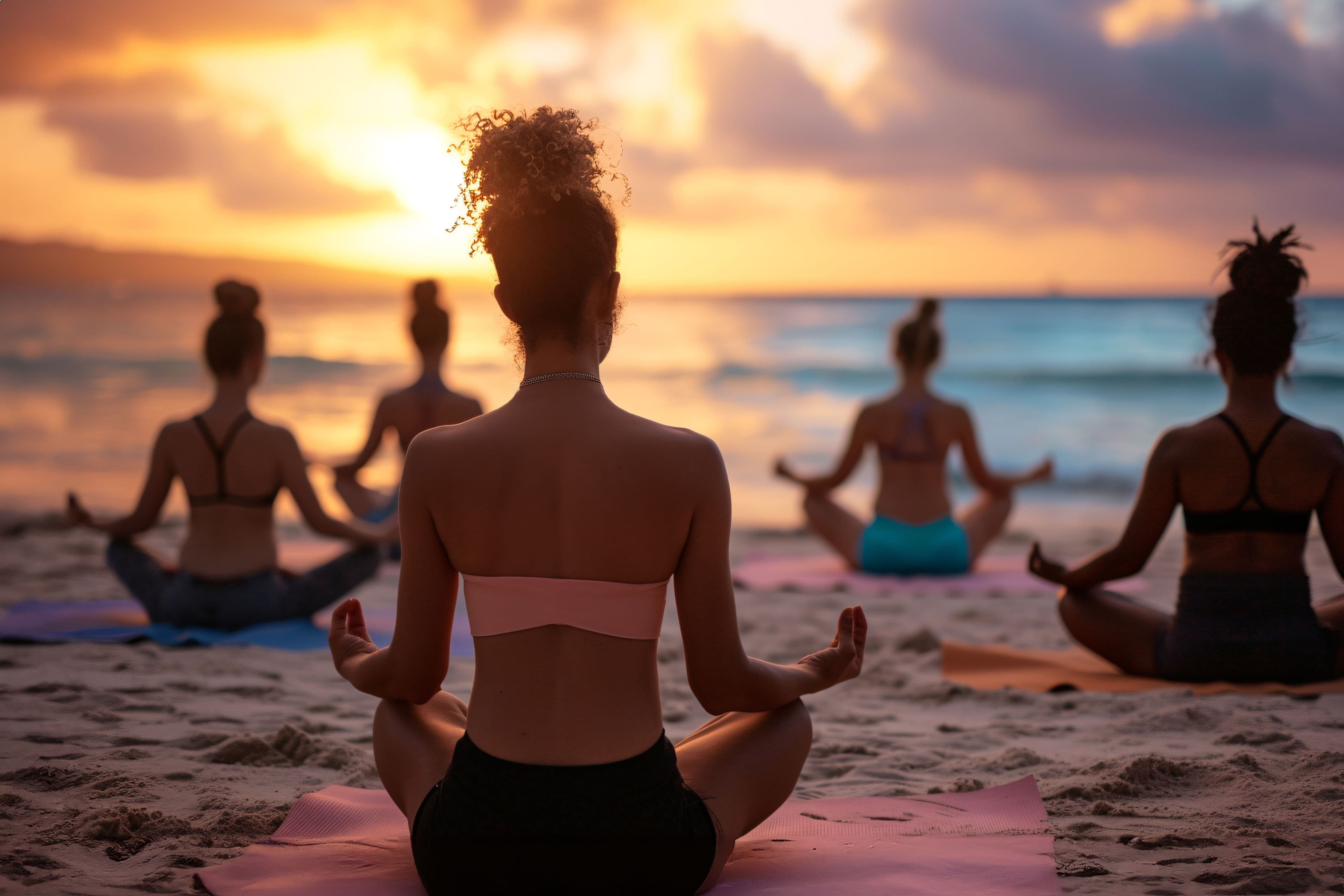 women in shorts and crop tops doing sunrise yoga on hotel beach