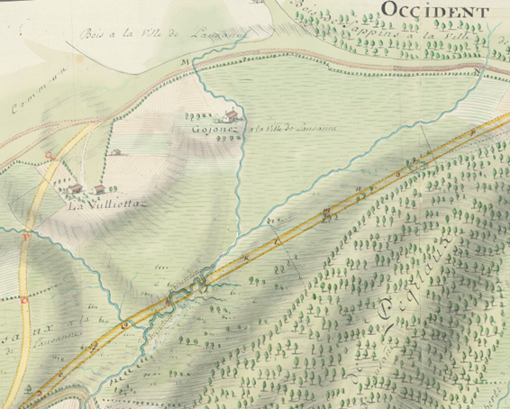 Excerpt of the map of the road from Bern to Lausanne via the Jorat 1746