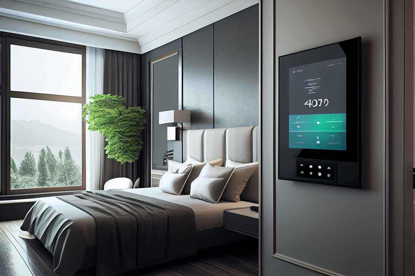 a hotel room with a bed and a large window. Techology on the wall