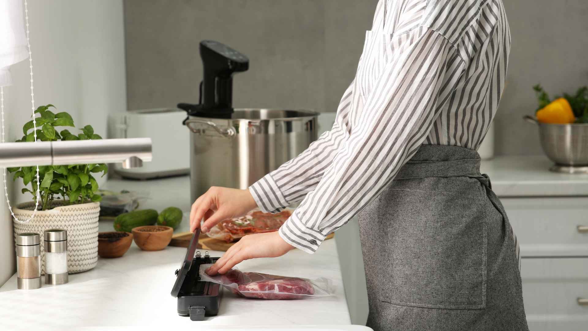 Woman using sealer for vacuum packing in kitchen for sous vide cooking