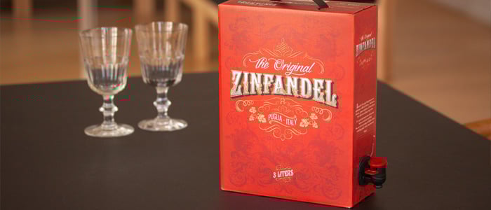 boxed wine and two glasses