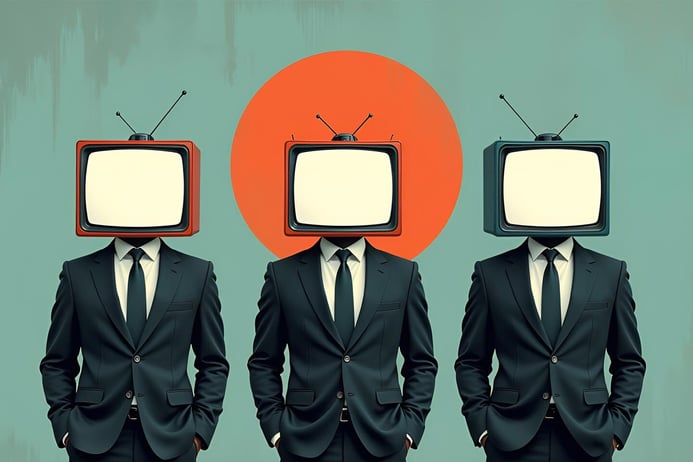 Three men dressed in formal suits, each with an old television set for a head