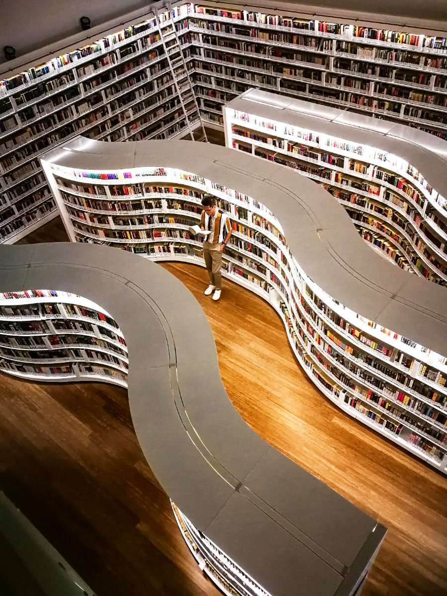 Curved bookshelves in a library