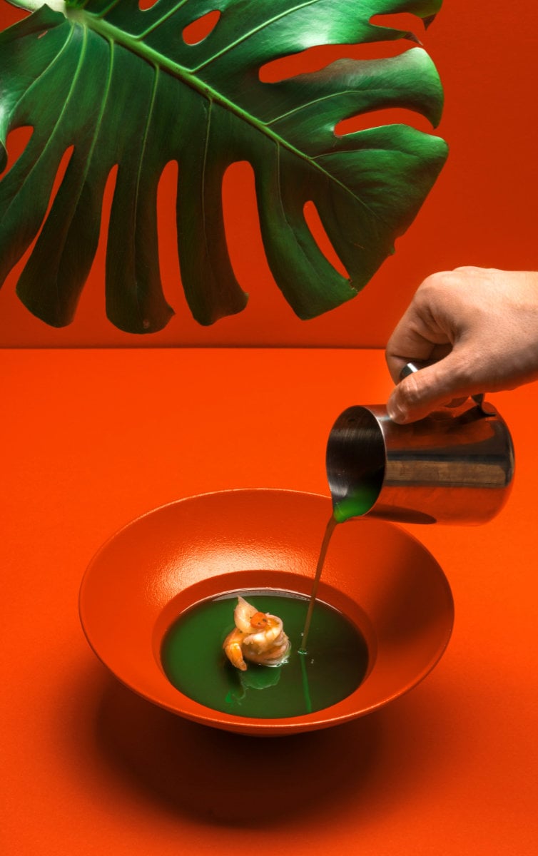 An experimental shrimp dish with green sauce