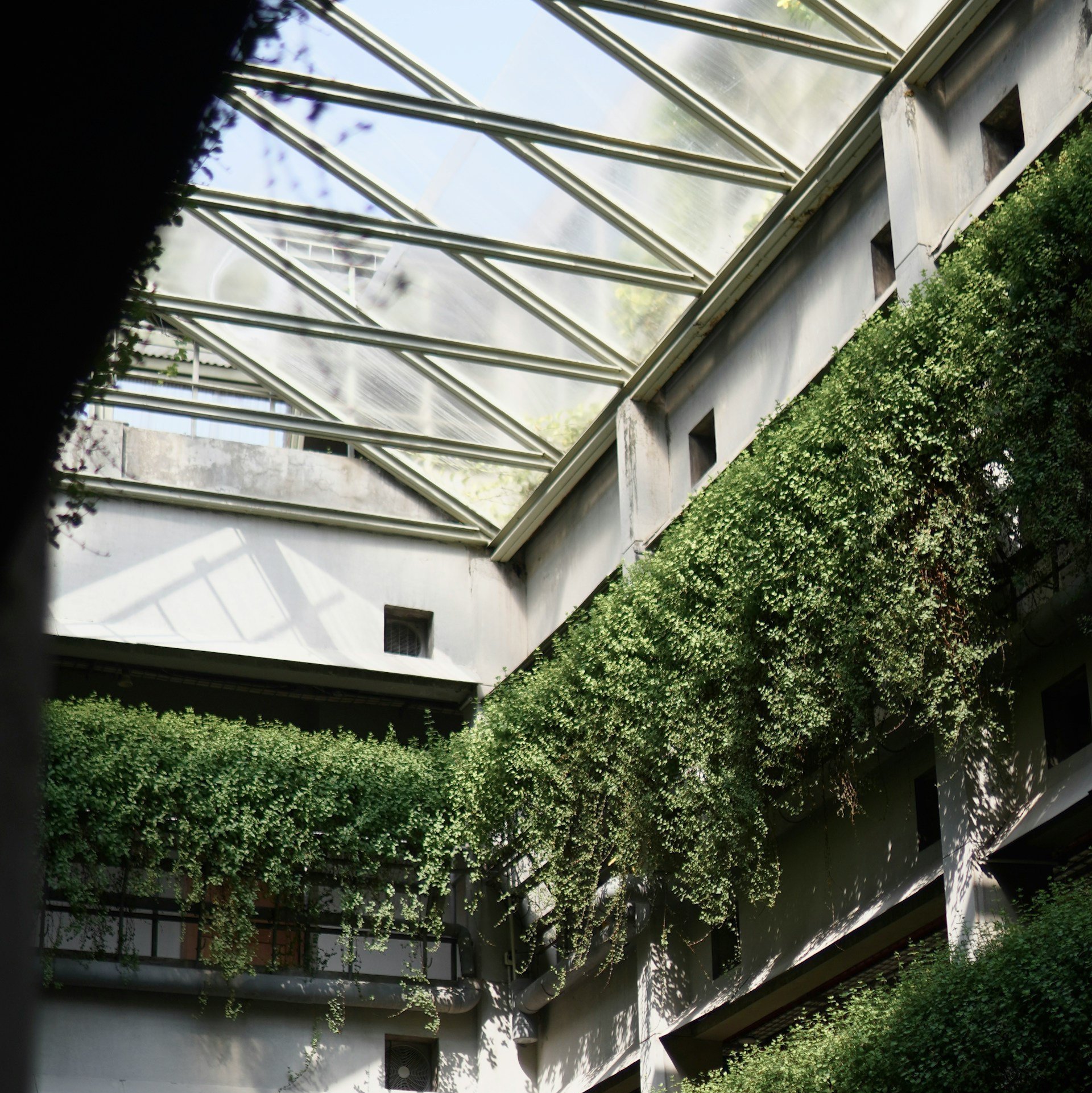 Hotel lobby with vertical gardens and skylights