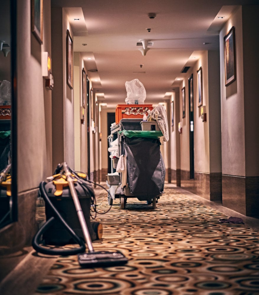 Cleaning equipment in a hotel lobby