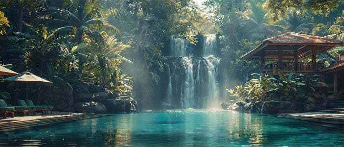 Waterfall scene in tropical hotel spa resort