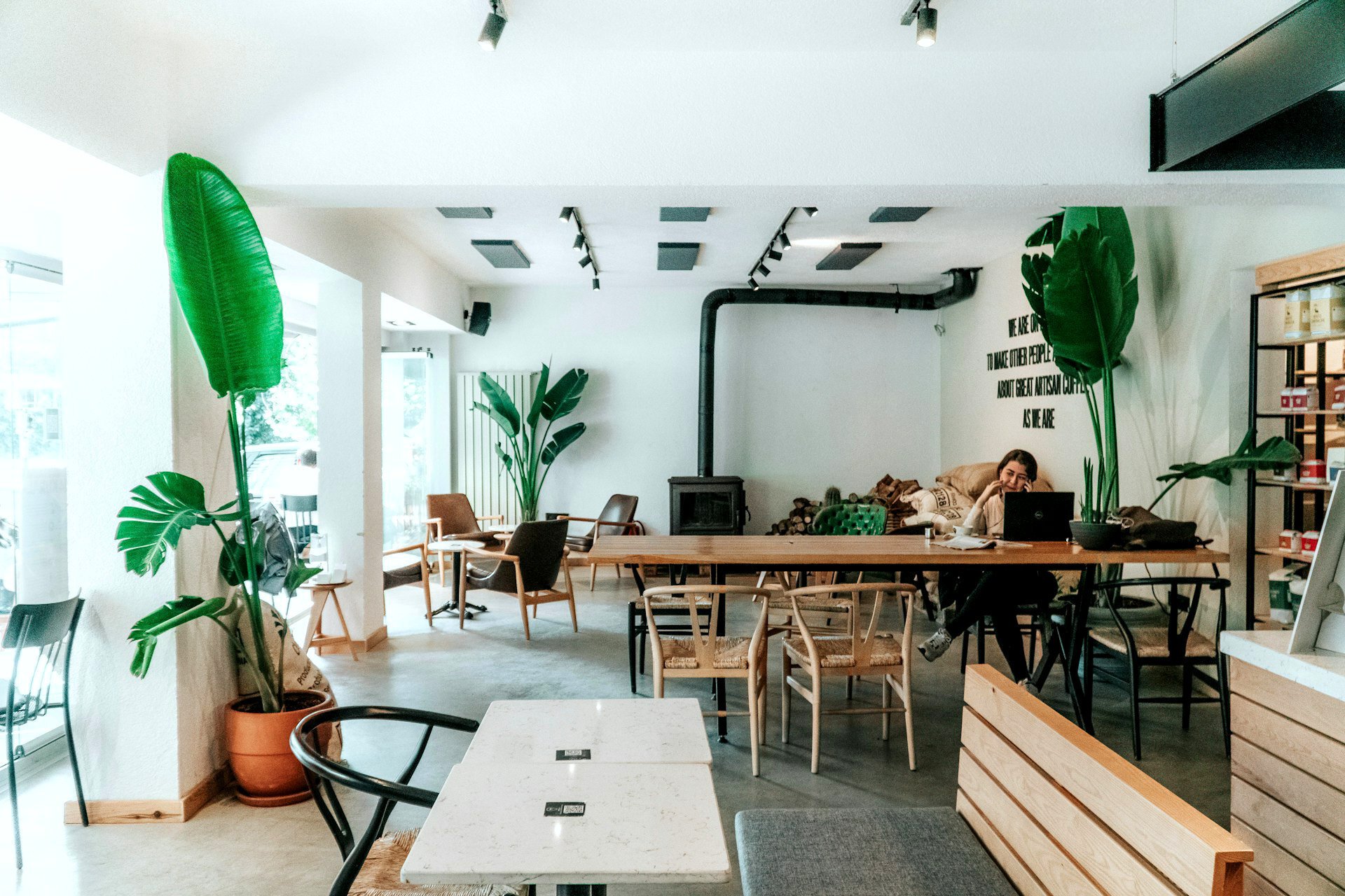 Mid century co-working room with industrial elements
