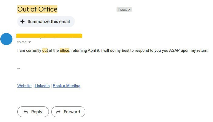 Out of office email