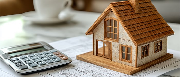 calculator next to a model house