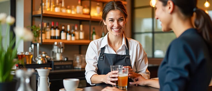 smiling woman converses with another woman at a bar, creating a lively and friendly atmosphere