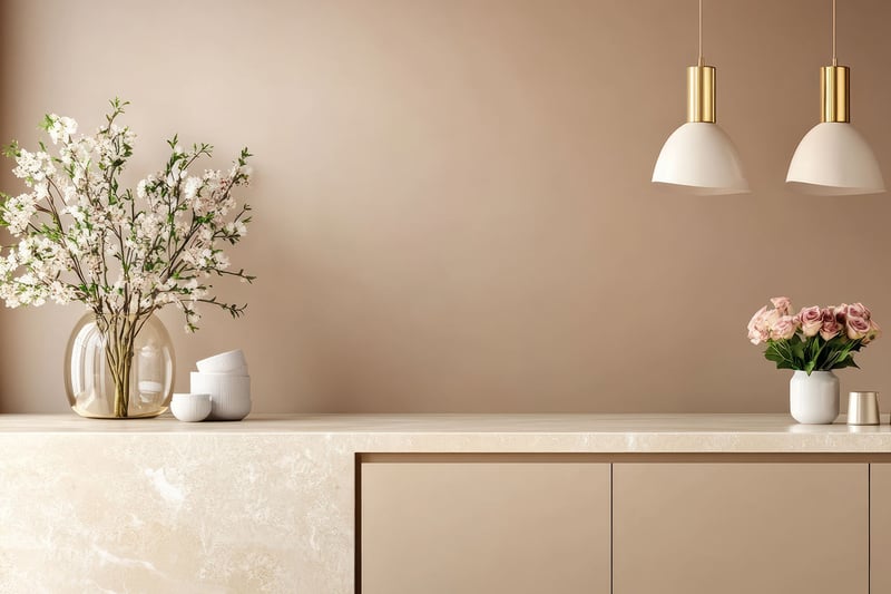 kitchen countertop with flowers and lamps