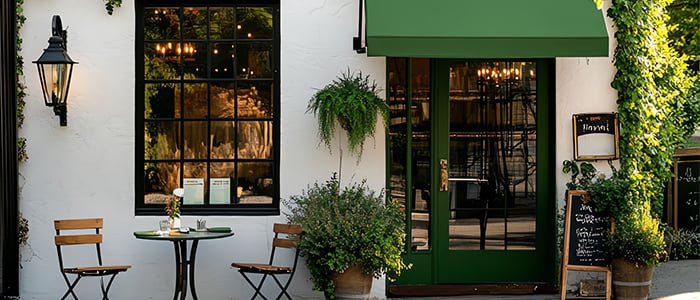 White exterior of small boutique hotel with green door
