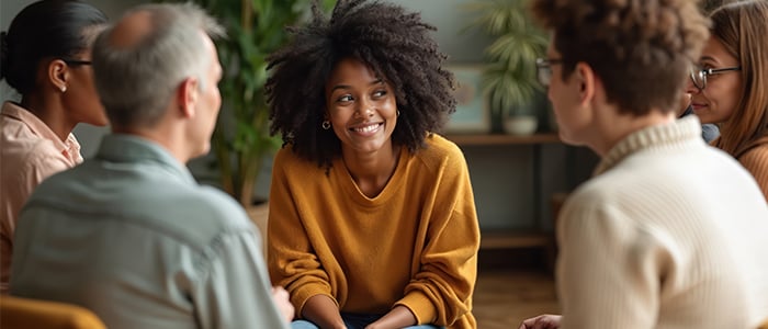 women smilling to a group of people sitting in a circle