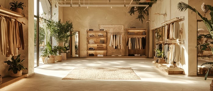 clothing store featuring a large window, adorned with plants, promoting sustainable fashion