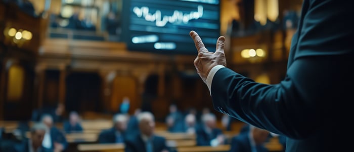 man in a suit in front of a strategy screen