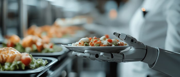 a robotic hand delicately holds a plate filled with an assortment of food items, showcasing advanced technology and culinary art