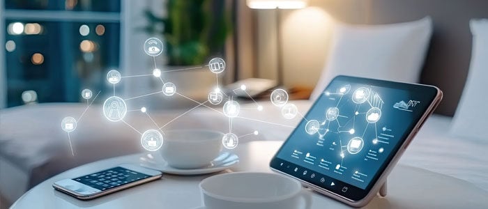 a tablet connected to the internet rests on a table in a hotel, showcasing modern technology in a cozy setting