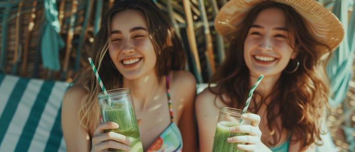 two girls enjoying green smoothies in the sun