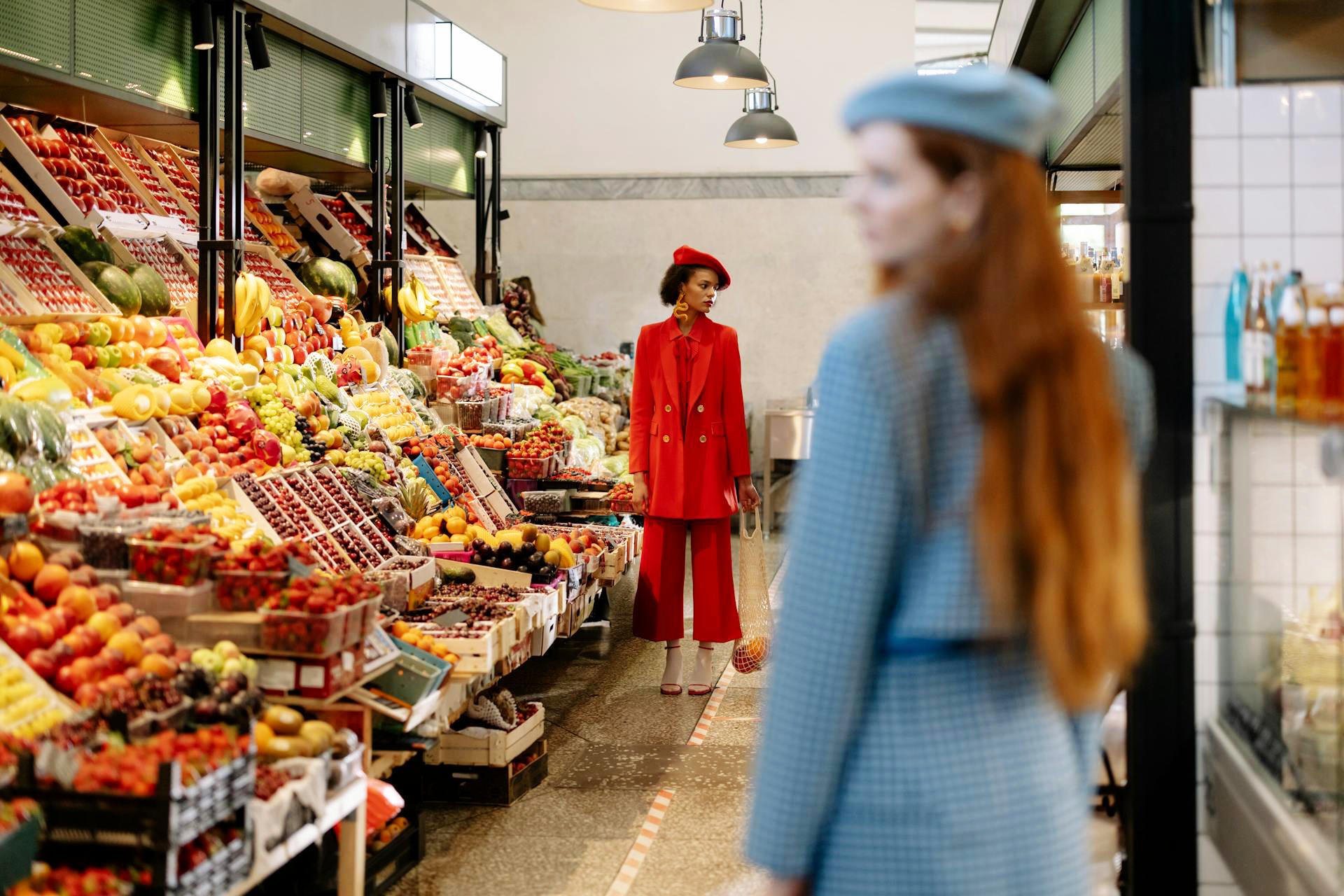 Fashionable people at a supermarket