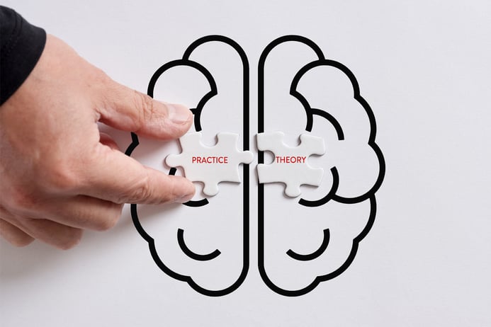 a hand holds a piece of puzzle on the left side that says "practice". On the right side, another piece of puzzle says "theory"- The drawing of a brain underneath
