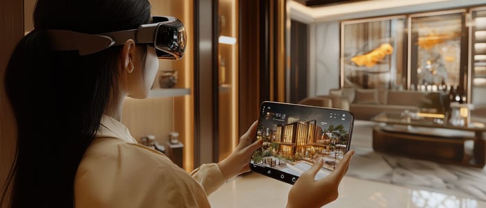 a woman wearing virtual reality glasses explores a virtual hotel, immersed in a digital environment