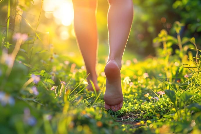 a woman walks barefoot through a sunlit grassy field
