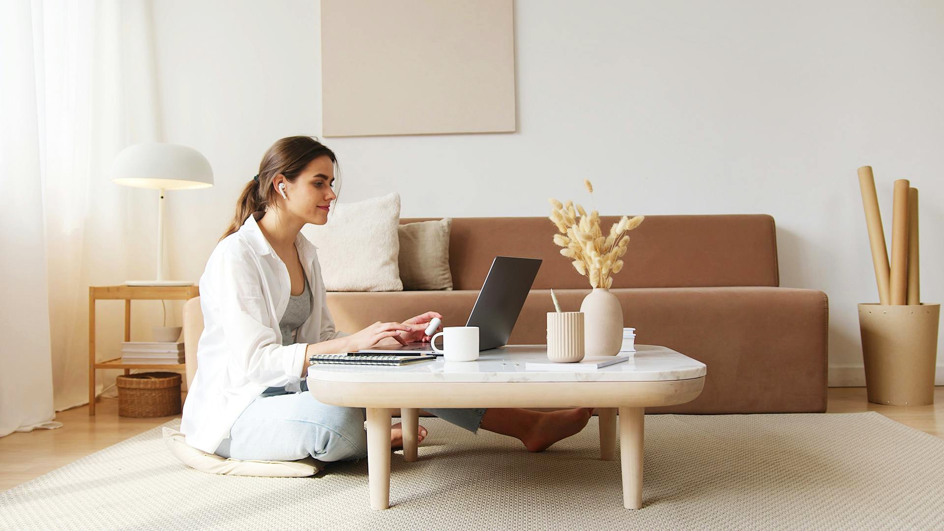A woman studying online