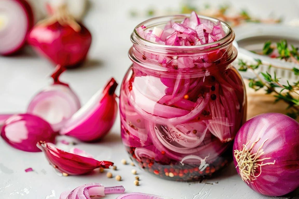 glass jar of pickled red onions with herbs and spices