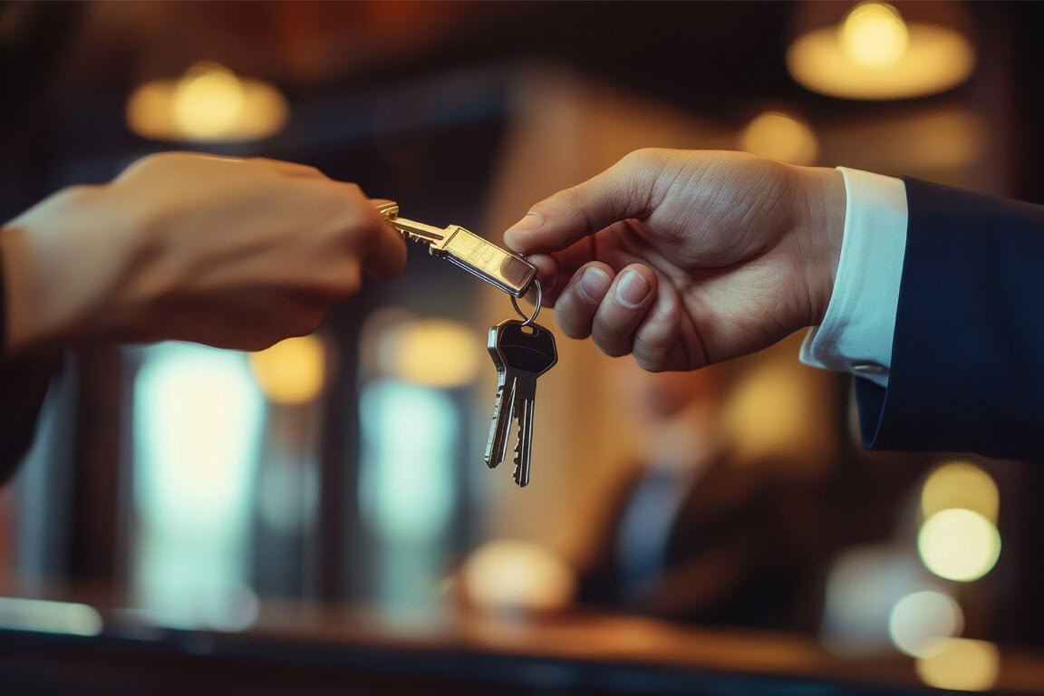 hotel front desk handing over a room key to a guest