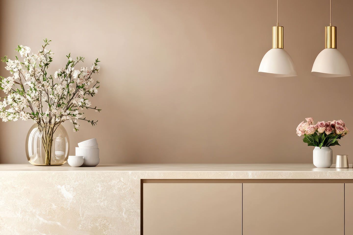 kitchen countertop with flowers and lamps