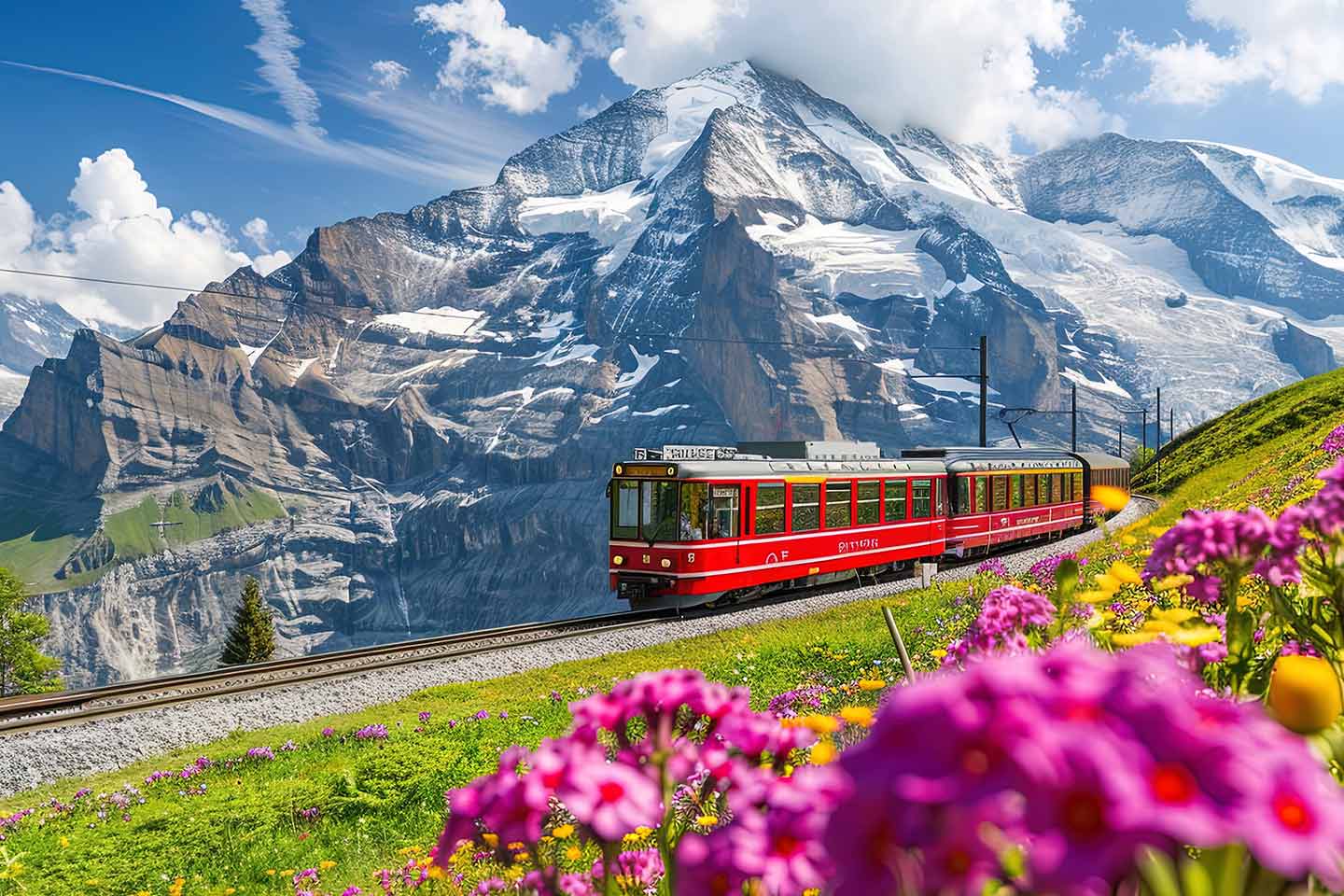 Red train traveling through swiss alps in springtime